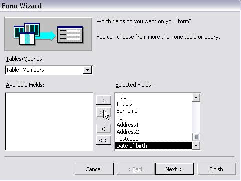 In the Form Wizard dialog box click on the double headed arrow to select all the fields, and click <Next>. You will now be offered a selection of layouts. Select one that you like and click <Next>.