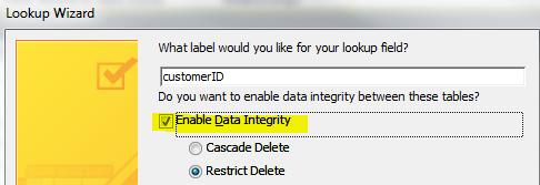 14. Before finalising the relationships, the wizard wants to know the label for the lookup field as shown in Figure 19. Figure 19: Label and Data Integrity 15.