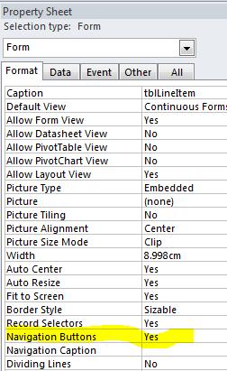 3. To remove the navigation buttons from the foot of the sub form a. Click on the property Sheet icon as sown in Figure 44 on the ribbon. This will enable the property sheet window. Figure 44 b.
