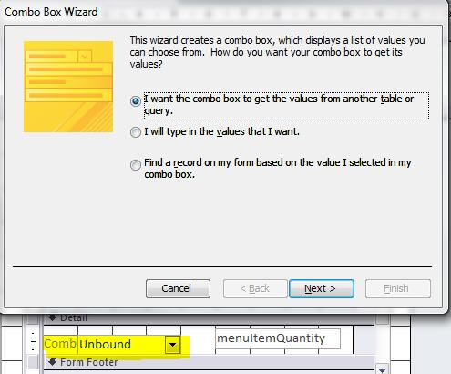 4. Let us focus on replacing the MenuItem ID with Menu Item Name combo box, make sure you are in the design view. a. Select the MenuItemID as shown in Figure 48 and delete it. b. Click the Combo Box Wizard on the ribbon, highlighted in Figure 49 to activate it.