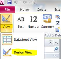 4. Select View from the ribbon as shown in Figure 5. 5. Select Design view from the dropdown menu as shown in Figure 5. 6. MS Access will prompt you for a table name as shown in Figure 6.