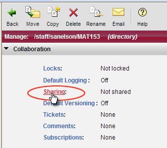 4) On the Directory Management page, look for the Collaboration section at the top. Click on the Sharing: link. 5) On the Directory Permissions page, click on the Read checkbox in the Public row.