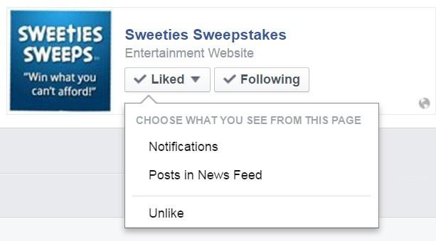 5. Hover over the More Button (next to Photos) and then click Likes. 6. If you are already following a lot of Facebook pages, you may have to scroll down until you see Sweeties Sweepstakes.
