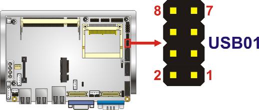 The 2x4 USB pin connectors each provide connectivity to two USB 1.1 or two USB 2.0 ports.