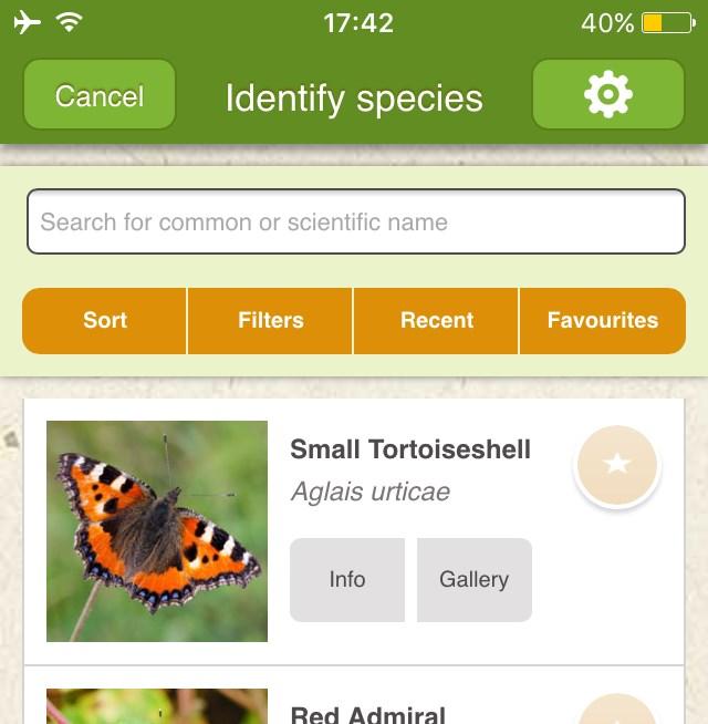 Step 2: Recording the butterflies you have seen You will then be taken to the Survey screen where you can enter the species you saw or are seeing at the site you chose.