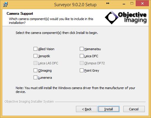 3.3 Click the checkbox for the intended camera device manufacturer to be used in Surveyor. If multiple cameras from different manufacturers are to be used you can select more than one item here.