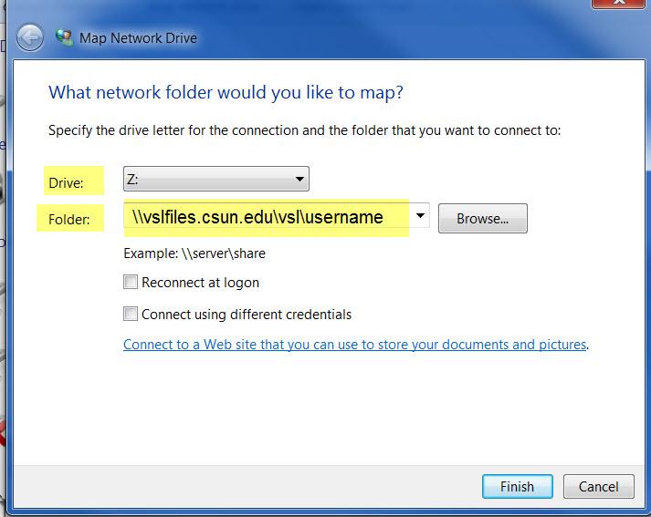 5. In the Map Network Drive window complete the following fields: a. Drive field use the drop down arrow to designate a drive from the list of available drive names. b. Folder field type \\vslfiles.