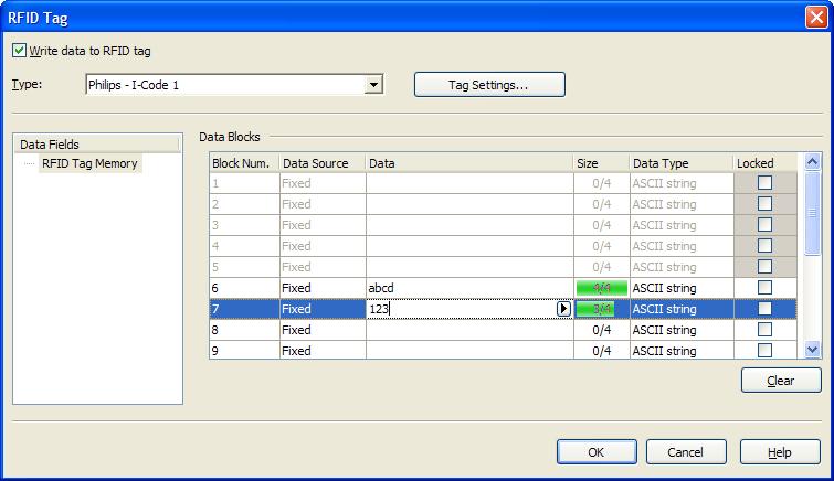 Chapter 3: Label Design and Printing 1. Click on the button in the Toolbox to begin encoding the data. The RFID Tag dialog box opens. Encoding contents for RFID Tag 2.