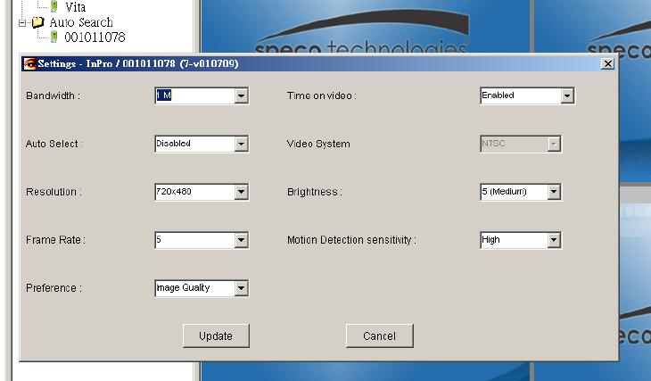 Video Settings 1. IP cam Status (Name / ID / Firmware version) 2. Click Update after setting is finalized. A. Bandwidth: Available selections are from 64K to 1.5M.
