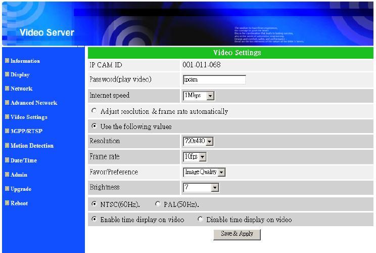 Video Settings Page This page allows you to make video settings for InPro.
