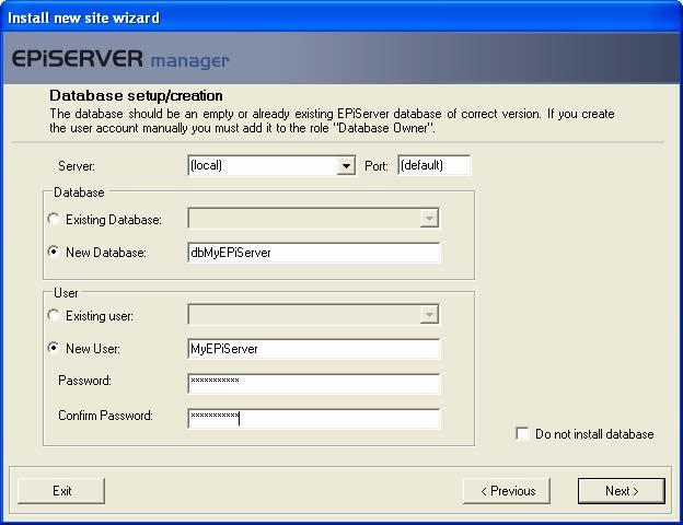 10 EPiServer Installation Instructions 10. Create an administration account that you can later use for logging on to the Web site for the first time.
