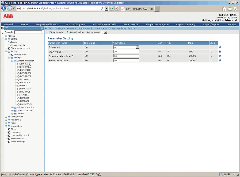 Section 2 REM615 overview 1MAC254299-MB A A070754 V6 EN Figure 5: Example view of the WHMI The WHMI can be accessed locally and remotely.