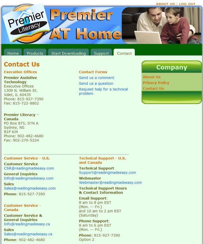 Contact Premier Assistive Canada contact information is found on this tab.