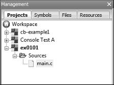 Chapter 1: A Quick Start for the Impatient 17 Figure 1-3: Projects in the IDE. For a new console application project, the source code file is named main.c. It s stored in the project s Sources folder.