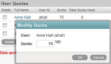 4 In the Group Quotas table or User Quotas table, click the group name or user name that represents the group or user whose quota you want to modify.