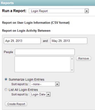 5 Specify the date range for the Login report. 6 Leave the People field blank to list all user logins.