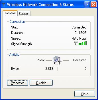 Appendix C Windows Wireless Management Figure 92 Windows XP SP2: Wireless Network Connection Status Windows XP SP1: In the Wireless Network Connection Status screen, click Properties and the Wireless