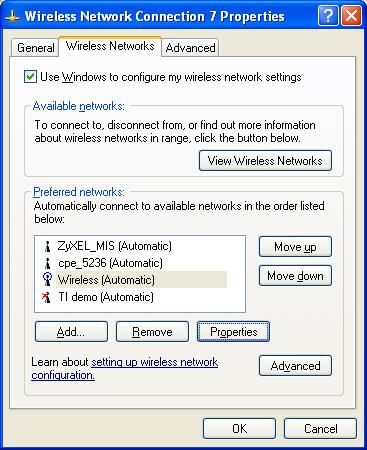 Appendix C Windows Wireless Management 1 Windows XP SP2: Click Change the order of preferred networks in the Wireless Network Connection screen (see Figure 94 on page 125).