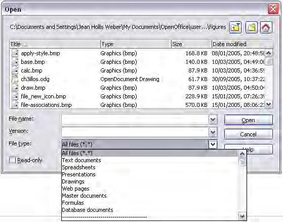 Using the Open and Save As dialogs Figure 12. The OOo Open dialog, showing some of the file formats that can be opened For OpenOffice.