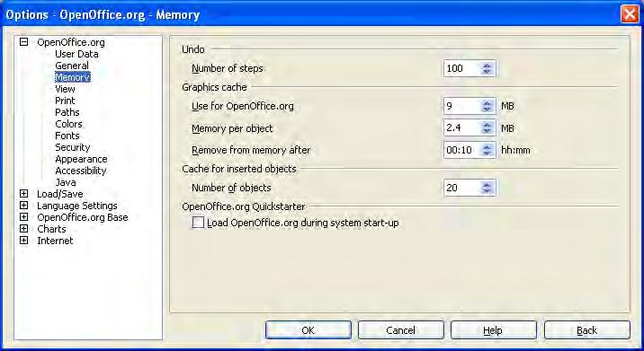 Choosing options that affect all of OOo Memory options 1) In the Options dialog, click OpenOffice.org > Memory. 2) On the OpenOffice.org Memory dialog (Figure 24): More memory can make OpenOffice.
