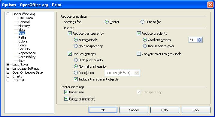 Choosing options that affect all of OOo Print options Set the print options to suit your default printer and your most common printing method.