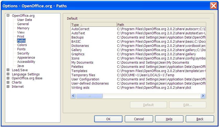 Choosing options that affect all of OOo Path options You can change the location of files associated with, or used by, OpenOffice.org to suit your working situation.