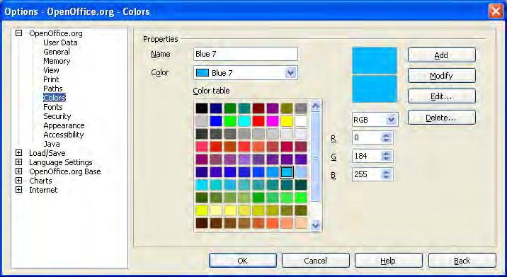 Choosing options that affect all of OOo Figure 29. Defining colors to use in color palettes in OOo Font options You can define replacements for any fonts that might appear in your documents.