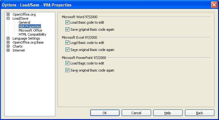 Choosing options for loading and saving documents VBA Properties Load/Save options 1) Choose Load/Save > VBA Properties.