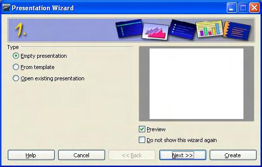 Creating a new presentation Starting the Presentation Wizard Start OpenOffice.org (OOo) Impress. The Presentation Wizard appears (Figure 95).