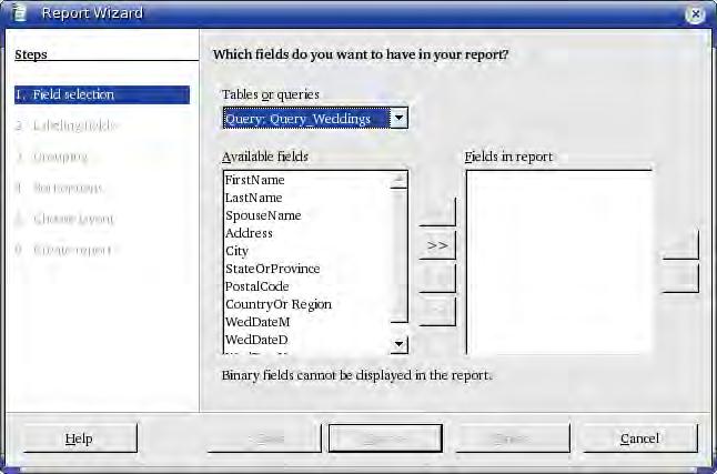 Creating reports Figure 145. The first page of the Report Wizard 4) Layout of the report: We will use the default settings. This includes the Landscape orientation at the bottom of the Report Wizard.