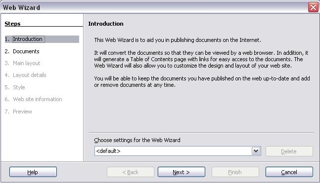 Saving Writer documents as web pages Creating Web pages using a Wizard OOo s Web wizard allows you to create several types of standard Web pages.