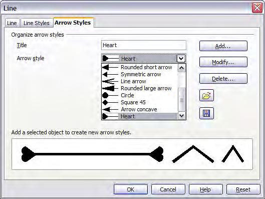 Editing lines and borders Figure 50: Arrow Styles list. Editing the inside (fill) of an object The OpenOffice.org term for the inside of an object is Area fill.