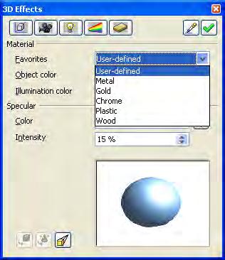 Managing 3D Objects Figure 65: The 3D Effects dialog To apply a 3D attribute to a selected object, choose one of the attributes from the Favorites zone and click the Assign icon.
