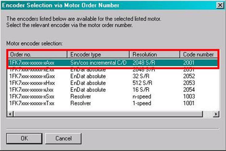 Post configuration, drive 2 Just like the motor, the encoder must also be manually selected. The is also realized using the type number (MLFB).