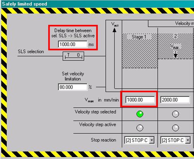 Configuration drive 1 "Safely-limited speed (SLS)" window The velocity limit for level 1 is 1000 mm/min.