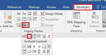WORD 2016 ADVANCED Page 137 Click on the Legacy Tools button located within the Controls group under the Developer tab.