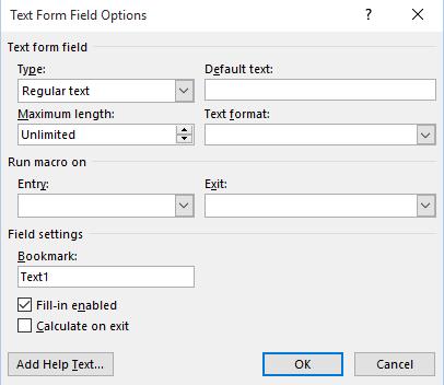 WORD 2016 ADVANCED Page 148 The Text Form Field Options dialog box will be displayed.