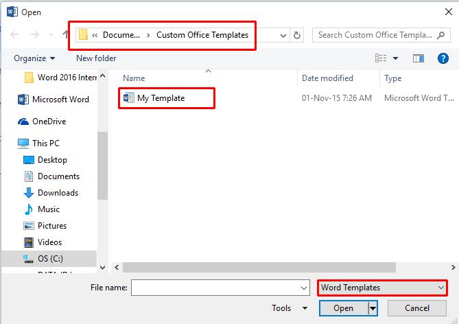 WORD 2016 ADVANCED Page 164 Navigate to the Documents folder and the change to the Custom Office Templates folder. Make sure that you have selected Word Templates (bottom-right).