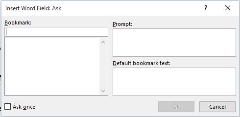 Within the Default bookmark text section of the dialog box enter the default text that will be displayed if no information is supplied in response to the