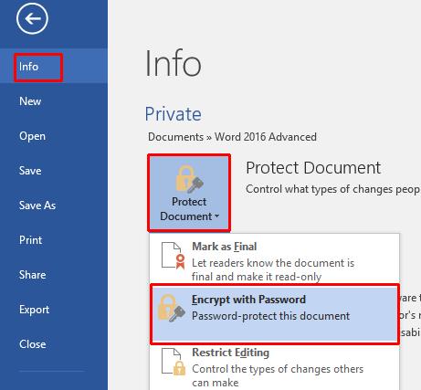 WORD 2016 ADVANCED Page 205 Passwords & Editing Restrictions in Word 2016 Adding 'opening' password document protection Open a document called Private.