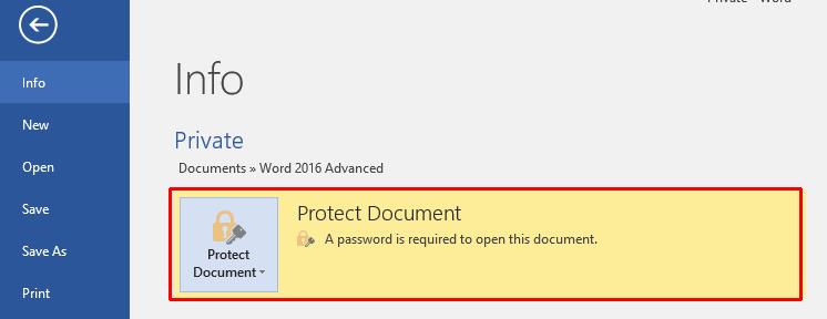 WORD 2016 ADVANCED Page 207 Save and close the document. Now re-open the document. You will see the following dialog box displayed. Try using an incorrect password, and see what happens.