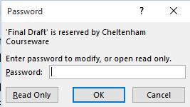 Reopen the document and the Password dialog box will be displayed. Try using an incorrect password, and see what happens. Then open the document using the correct password.