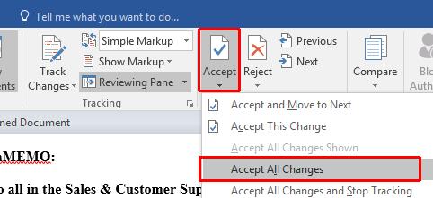 WORD 2016 ADVANCED Page 42 At your discretion, use the Accept or Reject buttons, to accept or reject changes made within the