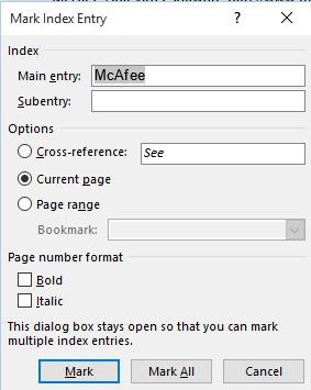 The Mark Index Entry dialog box