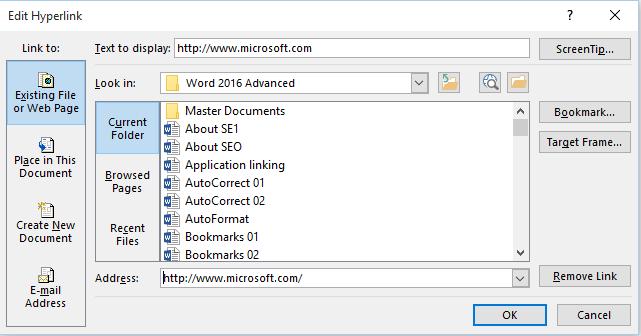 WORD 2016 ADVANCED Page 84 Save your changes and close the document. Editing a hyperlink Open a document called Hyperlinks 02.