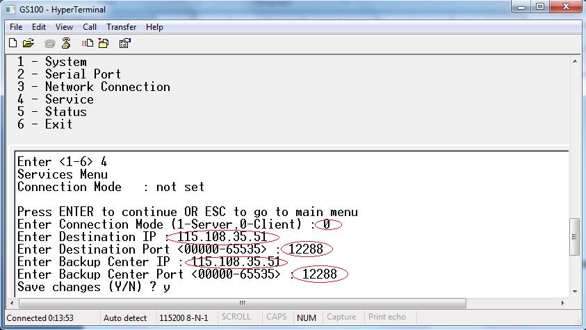 1. Connection Mode (Client-0, Server-1) 2. Destination IP (Enter IP e.g. 192.168.002.001) 3. Destination Port (Enter IP e.g. 192.168.002.001) 4. Backup Center IP (Enter Port number in 5 digits e.g.01005) 5.