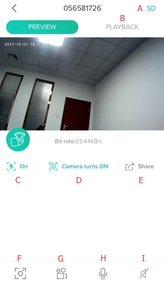 2 Streaming Video Click the video window. A: Switch the quality of the picture. B: Video playback C: Motion detection on / off D:Camera management.