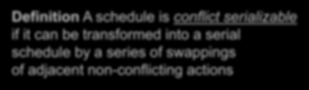 Conflict Serializability Definition A schedule is conflict serializable if it can be transformed into a serial schedule by a series of swappings