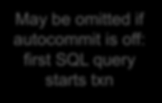 is off: first SQL query starts txn COMMIT or ROLLBACK (=ABORT) In