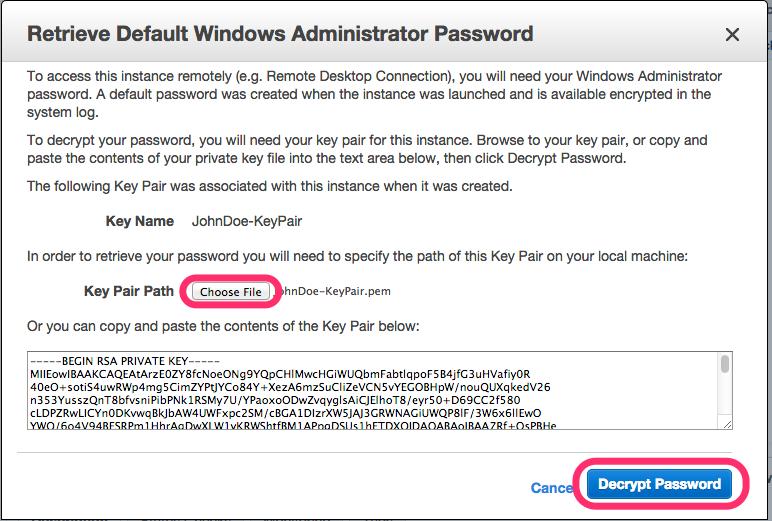 Retrieve the automatically generated, encrypted Windows password by right clicking your instance and selecting Get Windows Password. 2.